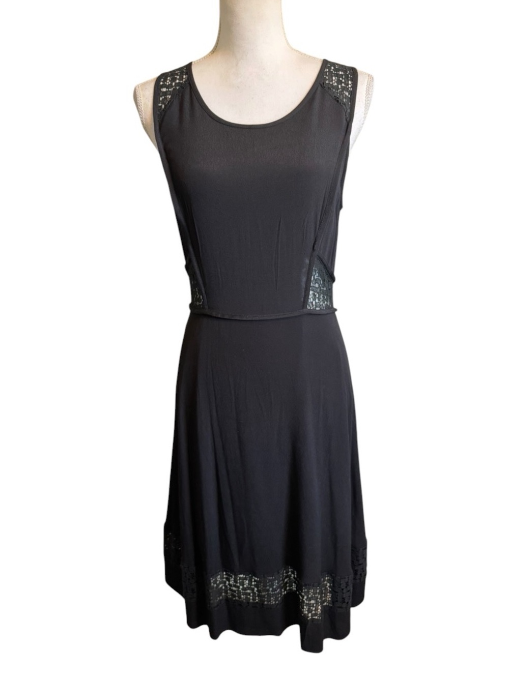 Aijek Black Midi Dress with Lattice Lace Insets NWT